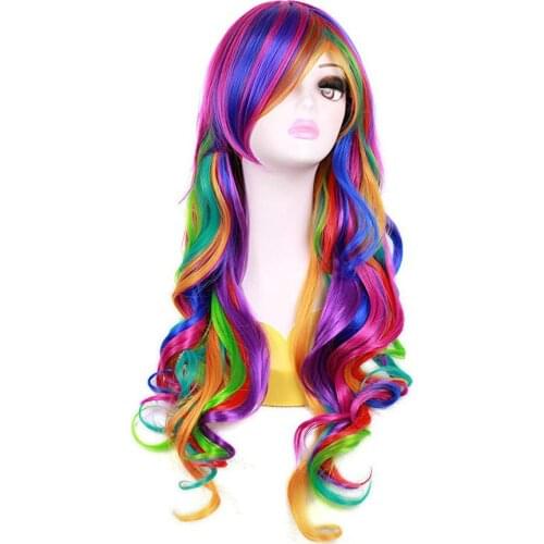 BESTUNG 26 inches Long Curly Multi-colored Rainbow Synthetic Party Halloween Cosplay Wigs for Women