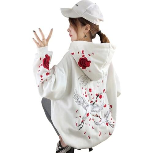 Luxury Rose Flower Crane Embroidery Hoodie Sweatshirts Spring And Autumn New Womens Clothing Casual Loose Pullovers Sweat