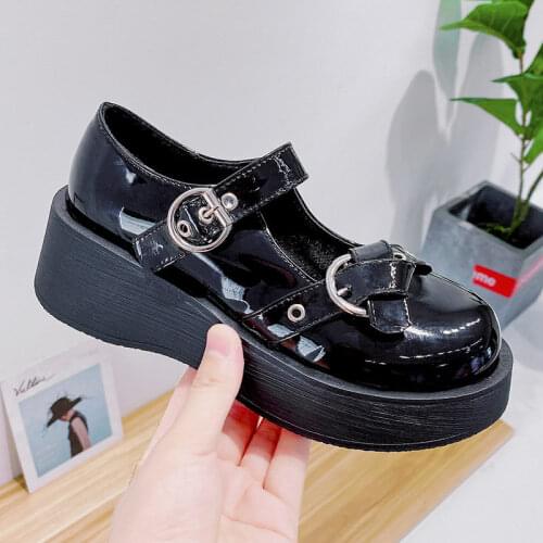 2020 New Black High Heels Shoes Women Pumps Ladies Leather Platform Shoes Patent Woman Round Toe Mary Jane Shoes Mujer Fashion