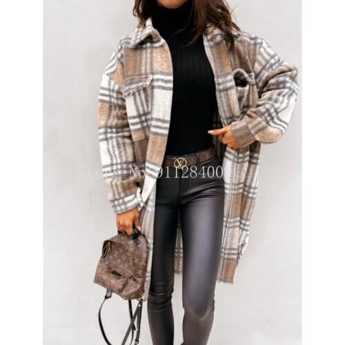 2021 Autumn Spring Plaid Long Blouse Shirt Pocket Women Loose Botton Fashion Oversized Ladies Tweed Outfit Vintage
