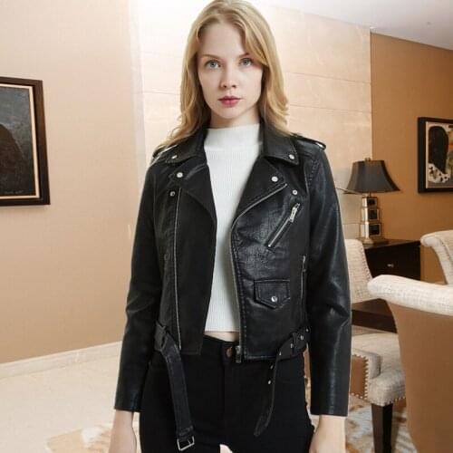 2020 New Spring Autumn Slim Short Faux Leather Jacket With Belt Female Turn Down Collar Zipper Pu Leather Coat