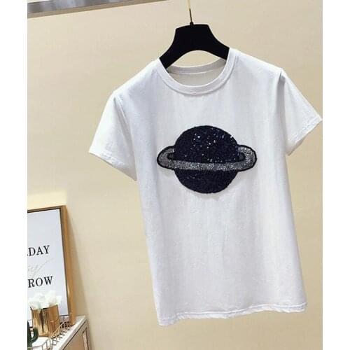 2021 Summer Loose Fashion O-neck Sequins Short-sleeve White Black T-shirt Womens Korean Plus Size Casual Tees Tops Clothing New