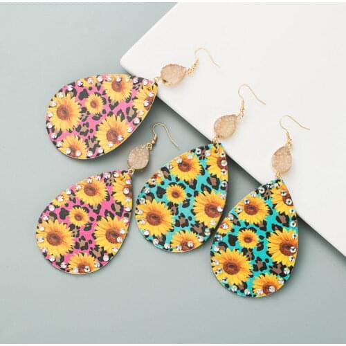 AB Crystal Embellished Sunflower Leopard Print Leather Earrings for Women Summer Style Teardrop Quartz Druzy Earrings Jewelry