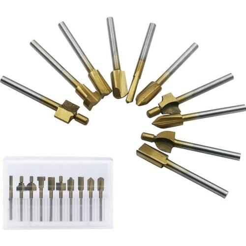 10pc 1/8'' Shank Woodworking Milling Cutter Tool Drill Milling HSS Titanium Groove Milling Cutters Router Woodworking Router Bit