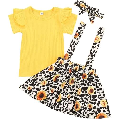3Pcs Baby Children Girls Sets Short Sleeve Solid Ribbed O Neck Top Floral Suspender Skirts Bow Knot Headband Infant Outfits 1-5T