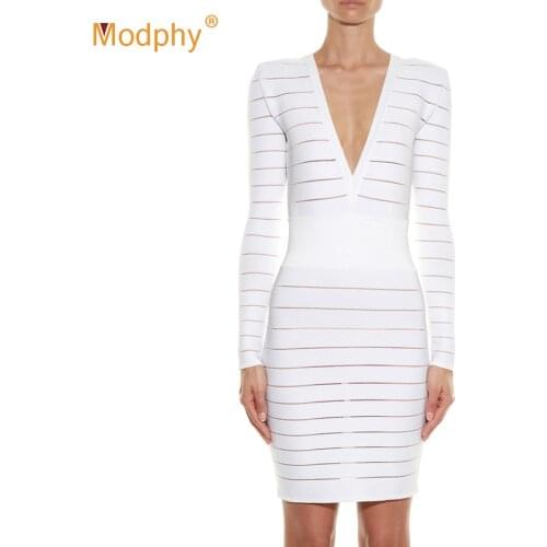 White Striped Bandage Dress 2020 Fashion New Womens Long Sleeve Sexy Bodycon Dress Club Celebrity Evening Party Vestidos
