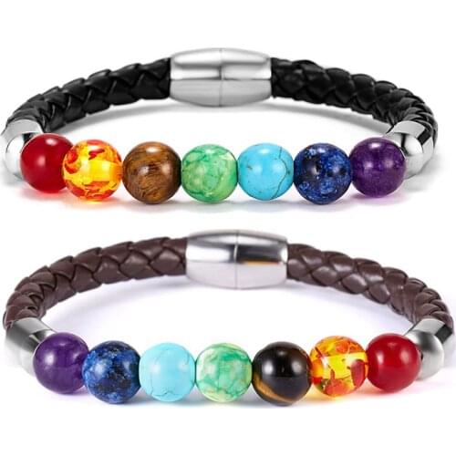 8mm 7 Chakra Stone Bracelets for Women Men Buddha Bless Healing Balance Beads Reiki Buddha Prayer Leather Rope Bracelet Jewelry