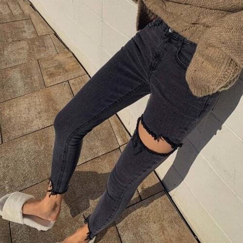 Denim Pencil Pants Women Chic Irregular High Waist Trousers Ripped Holes Pantalon Spring Female Skinny Stylish Stretched Jeans