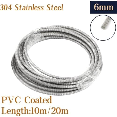 304 Stainless Steel PVC Coated Flexible Wire Rope soft Cable 10m/20m Transparent Stainless Steel Clothesline Diameter 6mm