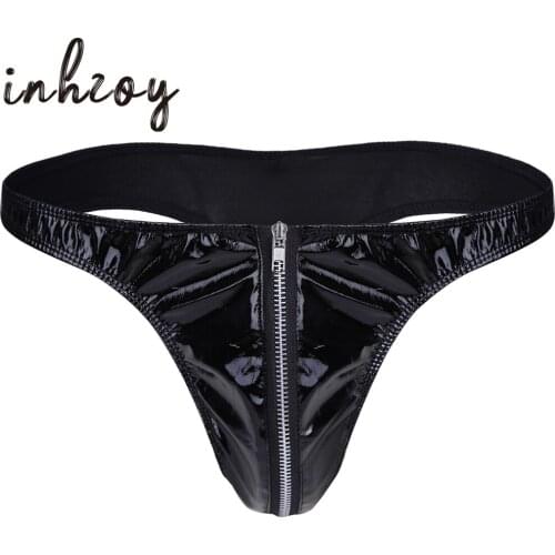 Inhzoy Men G-String Thong Lingerie Patent Leather Briefs Bikini Underwear Sexy Male Sissy Underpants With Zipper Plus Size M 2XL