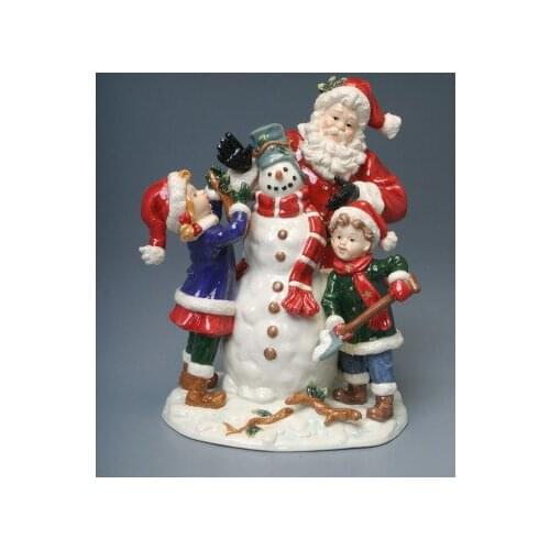 CERAMIC CRAFTS HOME DECORATIONS SANTA CLAUS AND CHILDREN MAKING SNOWMAN FIGURINE