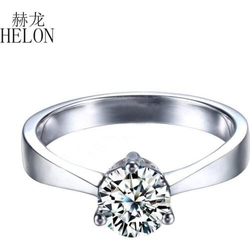 HELON Moissanite Ring Solid 10k White Gold Round 6mm Lab Grown Moissanite Diamond Engagement Ring Women Handmade Ring