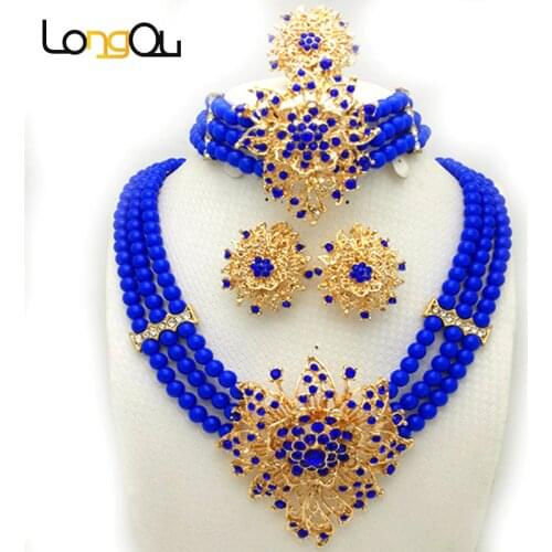 Longqu High quality Wedding African beads Jewelry Sets for women 2020 fashion Nigerian Gold Jewelry Set Necklace ring earrings
