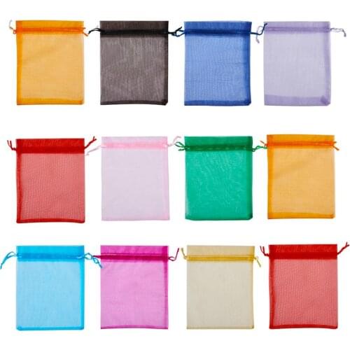 100pcs Valentines Day Gifts Packages Organza Bags with Ribbons Rectangle Mixed Color Jewelry Bags