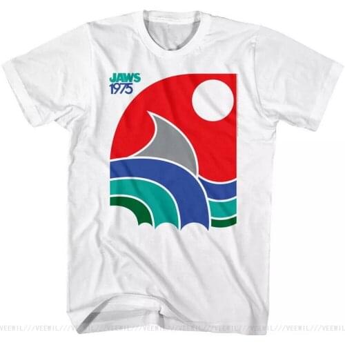 Jaws 1975 Amity Island Block Art Poster Mens T-Shirt Great White Shark Fin Surf Tee Shirt Homme Customized