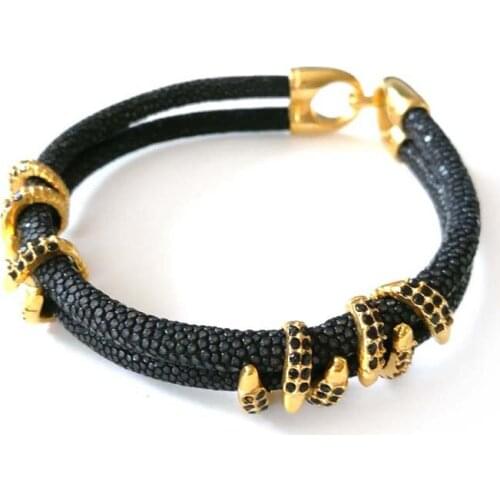 10pcs) Fashion Thailand Black 5mm Stingray Leather Bracelet Bangle With Black CZ Stainless Steel Claw Leather Jewelry for Men