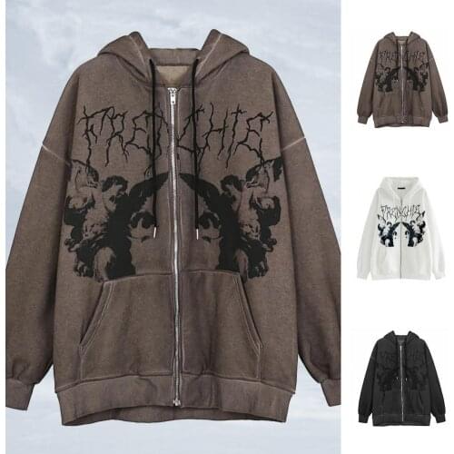 New Dark Jacket Coat Print Angel Fairy Womens Hoodies Hip-hop Streetwear Harajuku Anime Women Coat Zipper Y2k Women Clothing