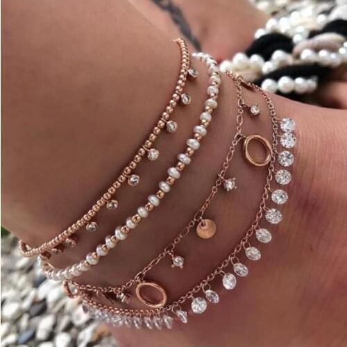 Charm Shiny Crystal Pendant Anklet Set White Beads Fine Gold Anklets Multilayer Geometric Pendant Foot Chain jewelry