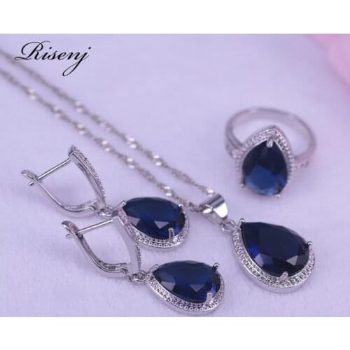 Wholesale hot sale Blue Stone Big Water Drop Silver Color Jewelry Set For Women Earrings Necklace Ring Set Fast Ship