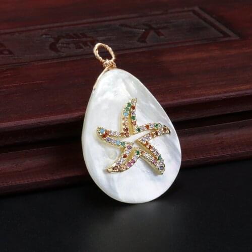 Colorful rainbow cz crystal paved sea star starfish charm natural white water drop shell bead pendant choker necklace for women
