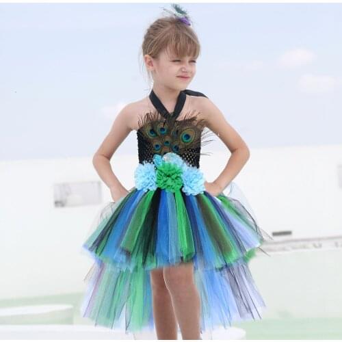 Girls Flowers Peacock Tutu Dress Kids Peacock Princess Costume For Carnival Fancy Dress Pageant Ball Gown Feathers Girl Tulle Dr