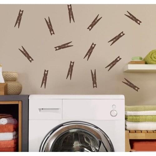 Clothespins Wall Decals - Set Of 14 Clothes Pins - Laundry Wall Art - Laundry Room Decoration Waterproof Wallpaper E822