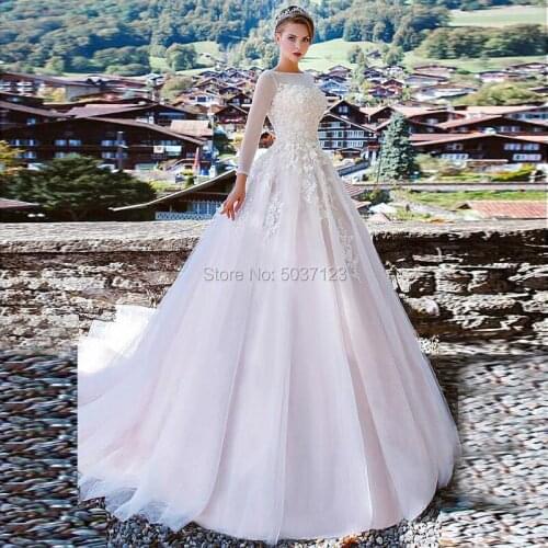 Pink Ball Gown Long Sleeves Wedding Dresses Scoop Beading Lace Appliques Bridal Gown Court Train Lace Up Vestido De Noiva Longo
