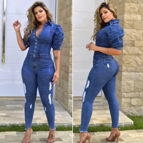 Ripped Jeans Romper Sexy Women Turn Down Collar Elegant Casual Denim Jumpsuit Overalls