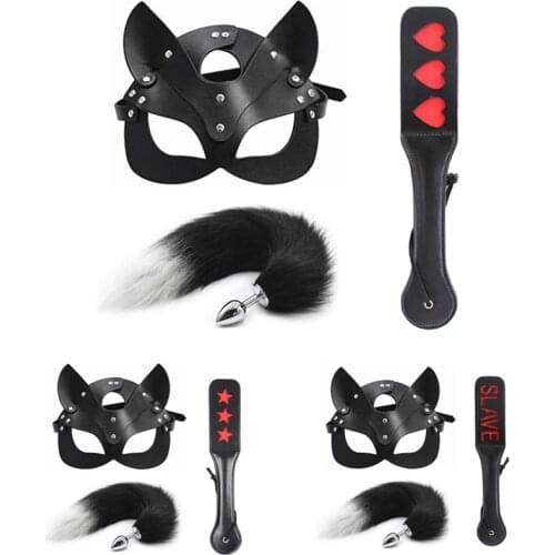 Sexy lingerie cosplay BDSM 40cm Metal Butt Plug Fox Tail+SLAVE Spank+Mask Leather Cat Eye Ears Mask for Men Women Fetish