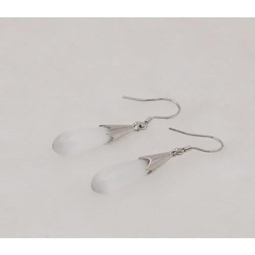 New Style Natural White Cat Eye Opal Stone 7x30mm Long Tassels Water Drop Pendant Earrings Jewelry for Women festival gift M340