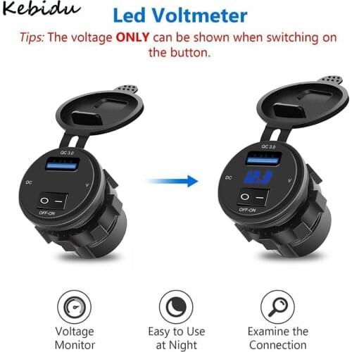 18W USB Phone QC 3.0 Fast Charging Motor Power Adapter with Switch LED Voltmeter Voltage Display Vehicle DC12V-24V Waterproof