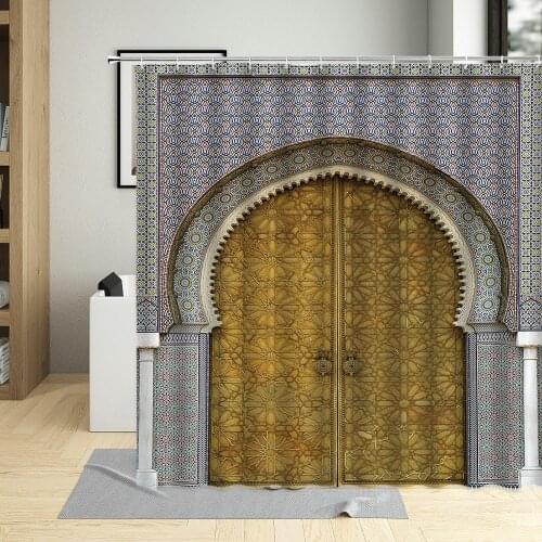 Moroccan Medina Door Shower Curtains Vintage Arched Wooden Gate Pattern Home Decor Waterproof Fabric Bathroom Curtains With Hook