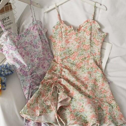 2021 Summer Sweet Print Lace Ruffled Hip Sling Skirt Female New Casual Floral Slimming Drawstring Pleated Sling Skirt