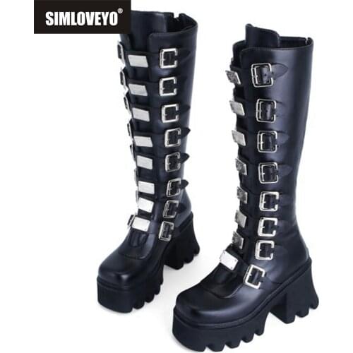 Vintage Gothic Women Knee High Boots Buckles Zip Top Quality Autumn Winter Warm Chunky High Heels Platform Motorcycle US12 S2357