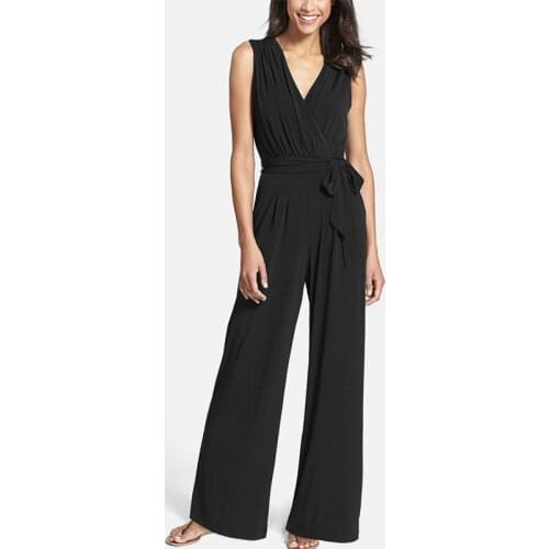 Summer Sleeveless Bandage Womens Jumpsuit Sexy V-Neck Solid Wide Leg Pants Female Jumpsuits 2021 Elegant Fashion Ladies Rompers