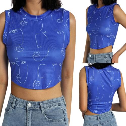 Women’s Fashion Causal Round Neck Vest Ladies Trendy Personality Portrait Printing Exposed Navel Sleeveless Tops T-shirt