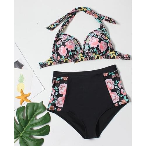 Women Sexy Floral Print Swimsuit Bikini Set No Pad Halter Bra High Waist Briefs Swimsuit bandeau Padded Bra Bathing Suit