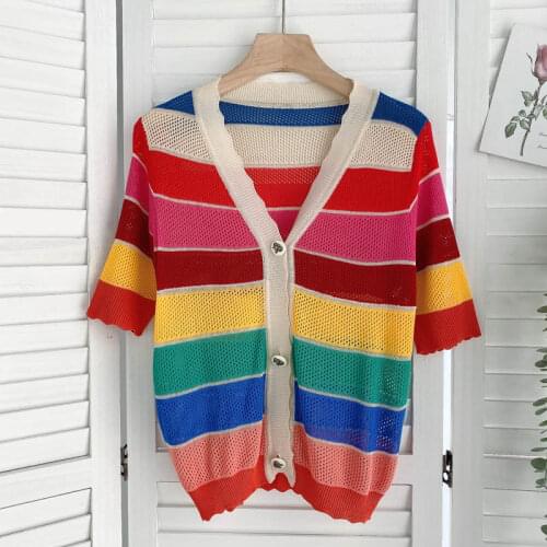 Rainbow Striped Knitwear Tops Womens Vintage Contrast Color Cardigan Sweater Single-Breasted V-Neck Hollow Out Knitting Shirt