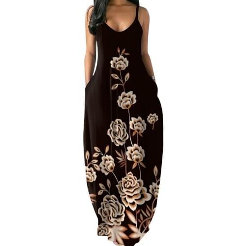 Summer Dresses Women Butterfly Flower Print Dress Loose Sling Sleeveless Long Dress Pocket Casual Maxi Dresses Robe Longue