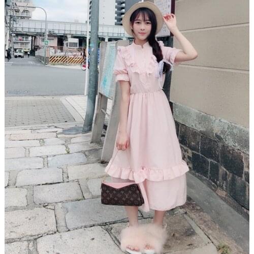 Pastoral Style Sweet Womens Lolita OP Vintage Long Dress Light Pink/Millennium Pink Solid Dress Ruffled One Piece Fairy Kei