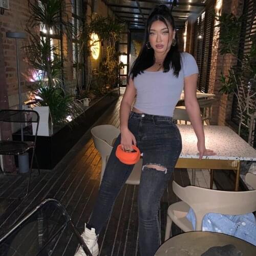 2 colors European and American style thighs broken copper super high stretch high waist washed blue dark gray and ankle feet den