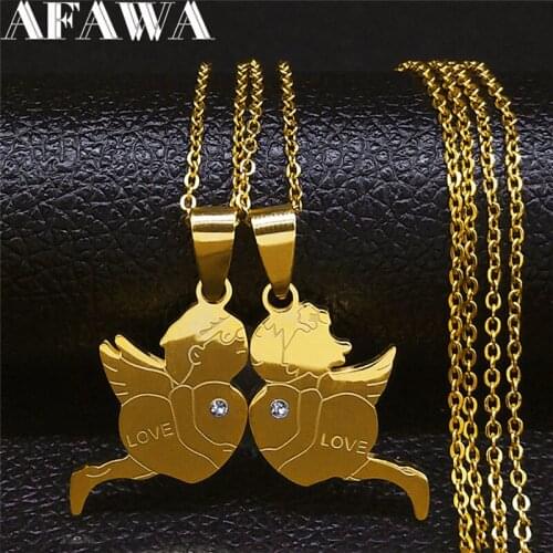 2PCS Cut Love Heart Angle Crystal Stainless Steel Necklaces Women/Men Gold Color Chain Necklace Jewelry collier NXH8S01