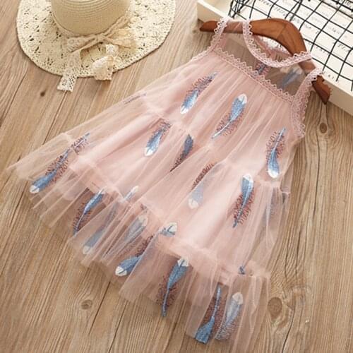 2020 Summer New Kid Clothes Girls Dress Korean Style Mesh Dress Feather Embroidery Sleeveless Dress