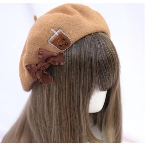 Handmade Bowknot Beret Hat Lolita Tea Milk Painter Flat Cap Women Autumn Winter Warm Cap B1612