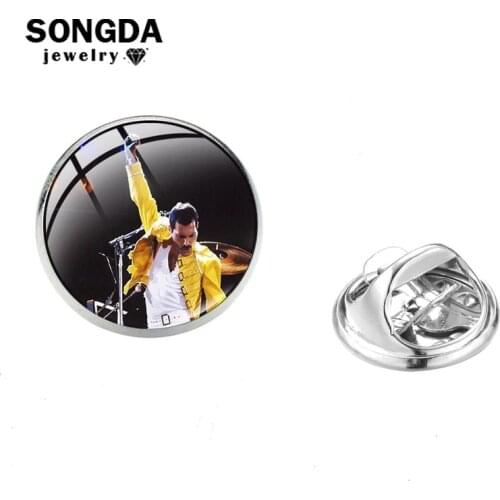 SONGDA Hippie Print Freddie Mercury Stainless Steel Pins Fashion Jackets Backpack Accessories Handcraft Glass Cabochon Lapel Pin
