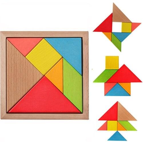 Beech Tangram 7 Piece Wooden Jigsaw Puzzle Colorful Square IQ Game Brain Teaser Intelligent Educational Toys for Kids