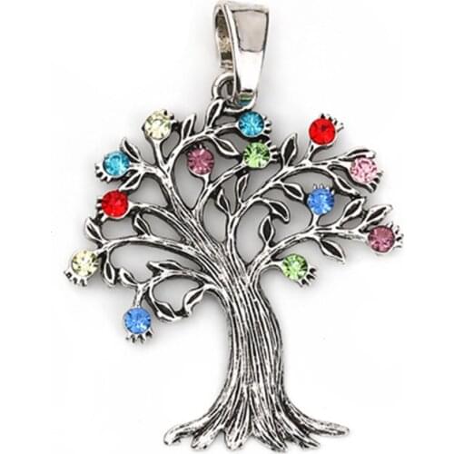 DoreenBeads Fashion Zinc Based Alloy Pendants Tree Silver Color Multicolor Rhinestone Jewelry DIY Charms 69mm x 50mm, 1 PC