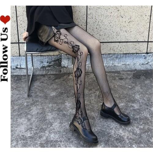 Gothic G Stockings Female Autumn Black Flowers Sexy Anti-hook Silk Pantyhose All-match Korean Net Stockings Lace Socks