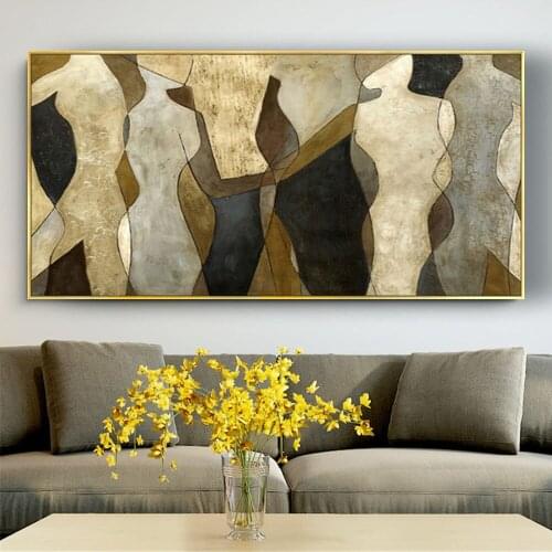 Hand Painted Huge Retro Style Figure Picture Gray Brown Lovers FALL IN LOVE Canvas Oil Painting Wall Living Room Decoration