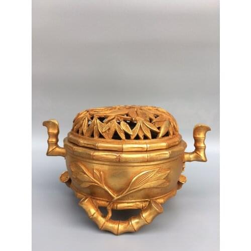 9"Chinese Folk Collection Old Bronze Gilt Bamboo joint bamboo Binaural Three-legged incense burner Office Ornaments Town House